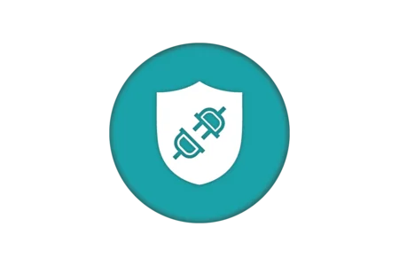 A circular teal icon features a white shield in the center. The shield has a stylized electrical plug design at its core, symbolizing security and protection related to electricity or technology.