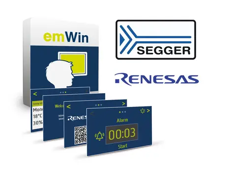 The image features the emWin software package with several user interface screens displayed. Key elements include a weather overview, a welcome message, and an alarm countdown. The logos of SEGGER and Renesas are prominently featured above the software package.