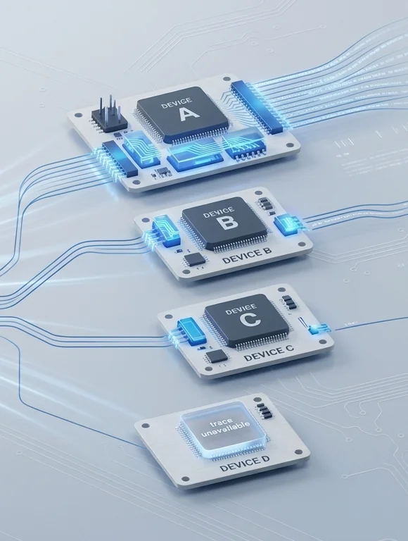 An illustration showing a universal debug probe connected to three separate circuit boards labeled Device A, Device B, and Device C. Each device is linked with glowing lines, indicating data flow. A fourth device, labeled Device D, is present but marked as "trace unavailable.