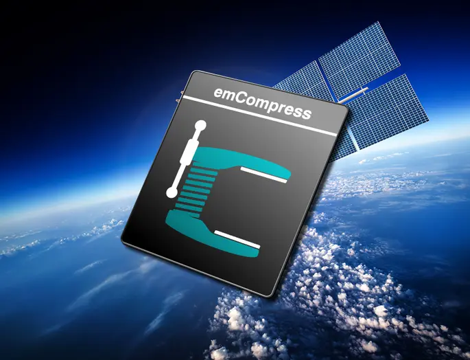 A logo for "emCompress" features a stylized compression clamp against a cosmic backdrop, symbolizing data compression technology. This graphic emphasizes the integration of technology in space or advanced settings.