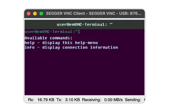 SEGGER VNC Client on macOS connected over USB to STM32F746-DISCO board running a emVNC Server virtual display playing terminal demo