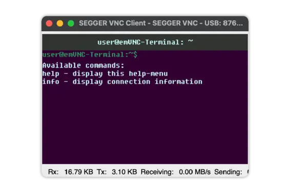 SEGGER VNC Client on macOS connected over USB to STM32F746-DISCO board running a emVNC Server virtual display playing terminal demo