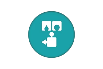 Icon depicting shapes including a triangle, square, and circle at the top, with an arrow pointing towards a square shape at the bottom. The design is set against a teal circular background, emphasizing a connection or flow between the elements.