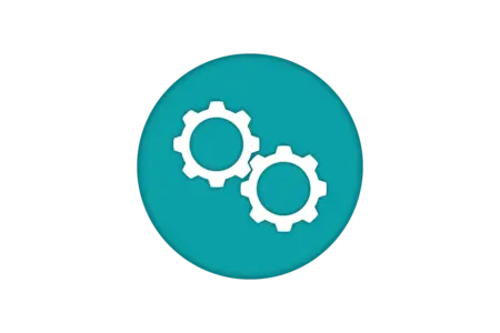 An icon featuring two overlapping gears on a teal circular background, symbolizing settings or configuration. This design represents functionality or mechanical processes.