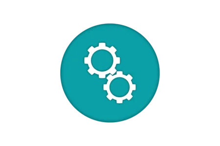 An icon featuring two interconnected gears on a teal circular background. The design symbolizes processes, settings, or mechanics, often representing functionality or technical elements in a system.
