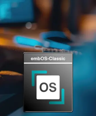 An image featuring the embOS-Classic logo on a dark background. The logo consists of the letters "OS" enclosed in a square with arrows, symbolizing operating system functionality. The overall design suggests a focus on technology and embedded systems.