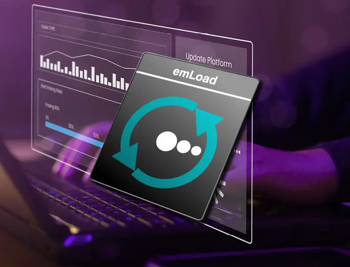 A dark square featuring the text "emLoad" and a circular refresh icon is displayed. In the background, there are bar graphs and progress indicators on a computer screen, indicating data updates and performance metrics. A person's hand is partially visible, interacting with the laptop.