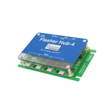Image of a SEGGER Flasher Hub-4, a device used for programming and flashing microcontrollers. It features a blue top label with the text "Flasher Hub-4" and a tagline stating "It simply works!" Multiple connection ports are visible on the green circuit board.