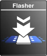 A sign labeled "Flasher" features a downward-pointing arrow above a central white shape, flanked by two blue shapes. The design conveys the concept of a flashing signal or indicator.