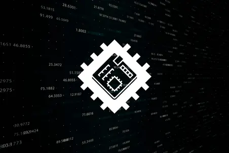 An abstract digital background featuring a prominent white microchip icon at the center. The backdrop is filled with numerical data and patterns, suggesting a theme of technology and computing.