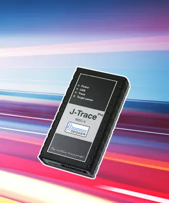 A black J-Trace Pro RISC-V debugging tool with labeled buttons for power, USB, trace, and target power, featuring a logo for SEGGER. The background displays colorful abstract lines, conveying a sense of speed or motion.