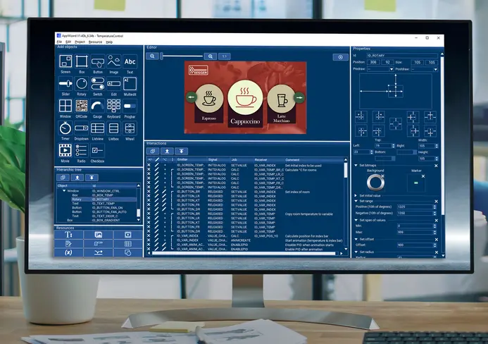 A computer screen displays software for configuring temperature controls. The main area features three coffee options: Espresso, Cappuccino, and Latte Macchiato. The interface includes tools for object addition, hierarchy management, and property adjustments.