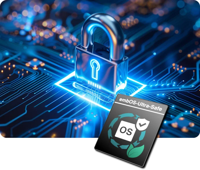 An abstract digital illustration featuring a shield with a lock symbol, surrounded by graphs and data analytics on screens. The design emphasizes cybersecurity and includes the "embOS-Ultra-Safe" logo, indicating a secure operating system focus. The color scheme is predominantly teal and dark gray.