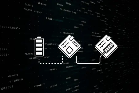 The image features a simple graphic showing a battery, a microchip, and a SIM card, connected by dashed lines. The background is dark with abstract numerical patterns, suggesting a technological theme focused on connectivity and power.
