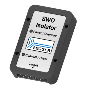A black and gray electronic device labeled "SWD Isolator," featuring buttons for "Power/Overload" and "Connect/Reset." The device has a SEGGER logo and a connector with multiple pins on one side, used for interfacing with electronic systems.