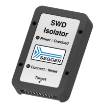 A black and gray electronic device labeled "SWD Isolator," featuring buttons for "Power/Overload" and "Connect/Reset." The device has a SEGGER logo and a connector with multiple pins on one side, used for interfacing with electronic systems.