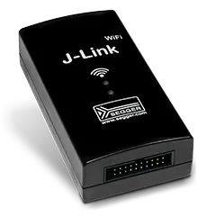 A black rectangular device labeled "J-Link WiFi" with indicator lights on the front. It is designed for wireless connections, typically used in programming or debugging applications. The device is compact and intended for easy handling in various technical environments.