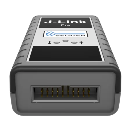 A J-Link Pro debug probe is shown, viewed from the front. It features a rectangular design with a connector at one end. The device has labels and a logo on its surface, indicating its brand and model. The overall color scheme is gray with a black textured edge.
