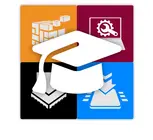 The image features a central graduation cap surrounded by four colored squares. Each square contains an icon representing different educational themes: a stack of blocks, a computer with a gear, a layered structure, and a downward arrow. The overall theme conveys learning and education.