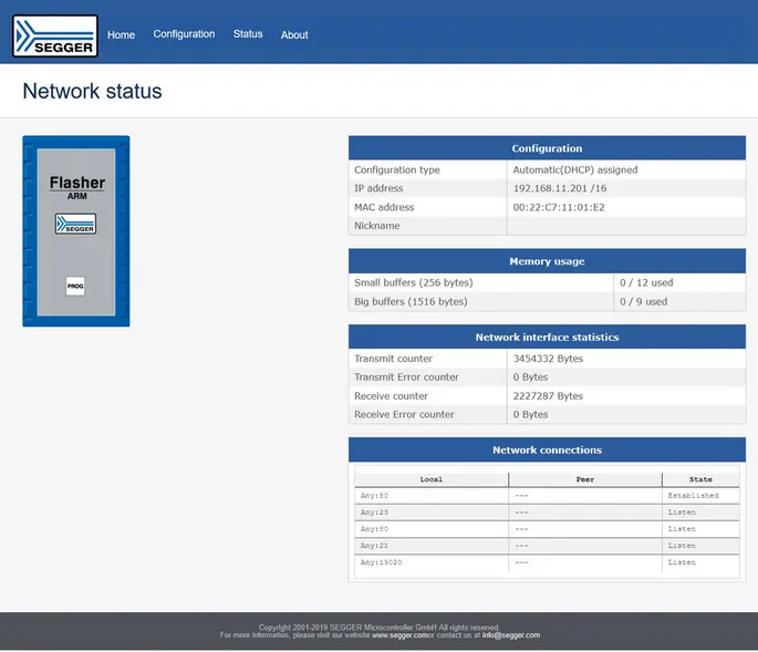Web server showing network status of Flasher ARM