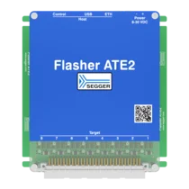 Image of a blue electronic device labeled "Flasher ATE2" by SEGGER. The device features various connection ports, including USB and Ethernet, and has a power input specification of 8-30 VDC. It includes a QR code and multiple target connection pins at the bottom.