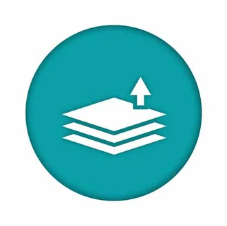 Icon featuring a stylized stack of three layers with an upward arrow above, set against a teal circular background. This design suggests a concept of uploading or increasing layers.