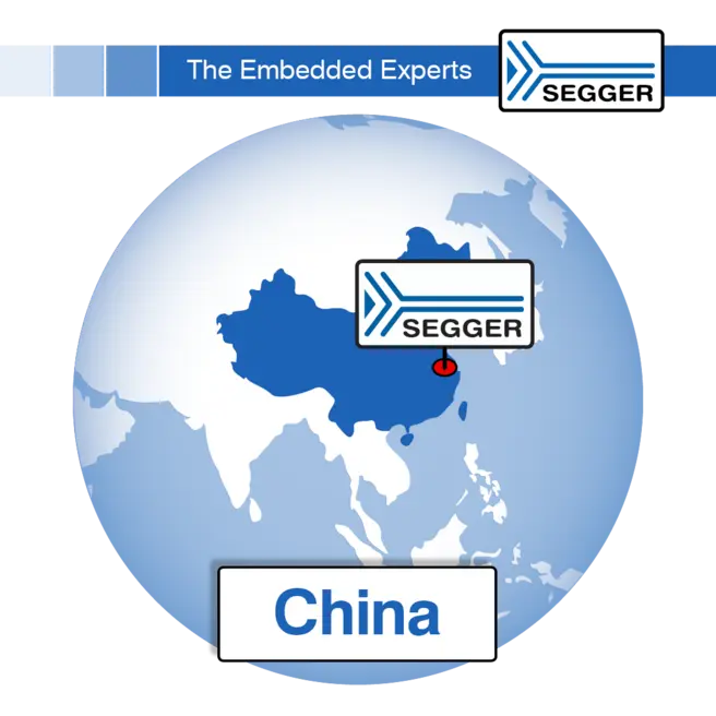 A map of Asia highlights China in blue, with a marker indicating the location of SEGGER, a company described as "The Embedded Experts." The text below features the name "China."