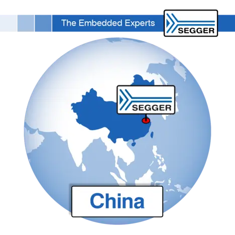 A stylized globe highlights China, with a marked location denoting SEGGER, a company associated with embedded systems. The top banner reads, "The Embedded Experts." The image conveys geographical emphasis on China as a focal point for SEGGER's activities.