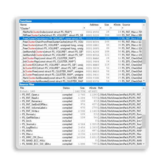 A detailed list of functions and source files related to a file system, including their addresses, sizes, and status. The document is organized into sections showing the total number of files, compiled size, and relevant paths for each file within the project.