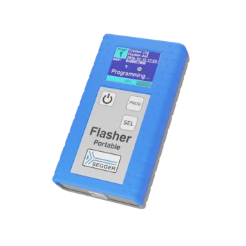 A handheld programming device labeled "Flasher Portable PLUS" with a blue casing displays a progress indicator showing "Programming..." at 68%. The device features buttons labeled with symbols for power, "PROG," and "SEL." The screen also includes data about the file being programmed.