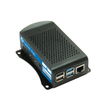 A compact electronic device, known as a flasher hub, featuring multiple ports including USB and Ethernet connections. The device has a sleek black design with ventilation holes and a label for identification. It's used for connecting various peripherals and devices.