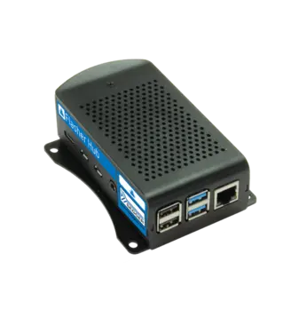 A compact electronic device, known as a flasher hub, featuring multiple ports including USB and Ethernet connections. The device has a sleek black design with ventilation holes and a label for identification. It's used for connecting various peripherals and devices.