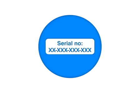 A circular blue graphic featuring a white label with the text "Serial no: XX-XXXX-XXXX" displayed prominently. The serial number format shows placeholders for digits, suggesting it is a sample or example format for a product or device identification.