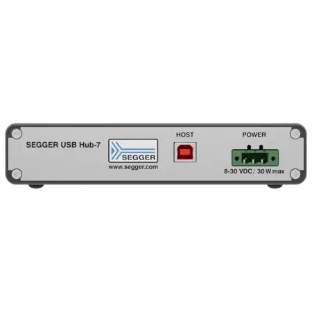 Image of a SEGGER USB Hub's rear panel, featuring a "HOST" connection port, a power input labeled with voltage specifications (8-30 VDC), and a branding logo. The design is metallic gray with black edges, primarily focused on connectivity options.