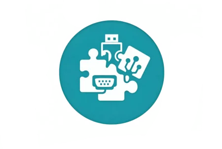 The image features a circular teal background with white icons representing technology and integration, including puzzle pieces, a USB connector, and circuit-like designs, symbolizing connectivity and collaboration in tech.