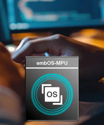 A close-up of a hand working on a keyboard is shown alongside the embOS-MPU logo. The logo features a circular design with the letters "OS" inside it, indicating a focus on operating system software for microcontrollers.