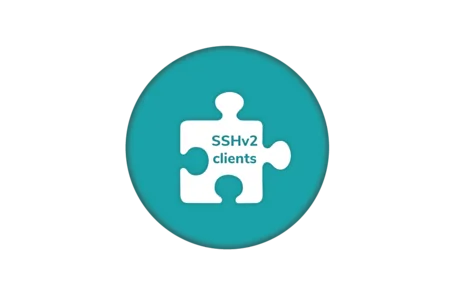 Graphic of a puzzle piece with a teal background, featuring the text "SSHv2 clients" in white. The design emphasizes the concept of connection or integration related to SSHv2 clients.