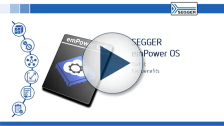 Title slide for a video presentation on SEGGER's emPower OS, highlighting the key benefits. It features a play button overlay and a graphic representation of the software’s functionality. Icons on the left suggest various features or themes related to the topic.