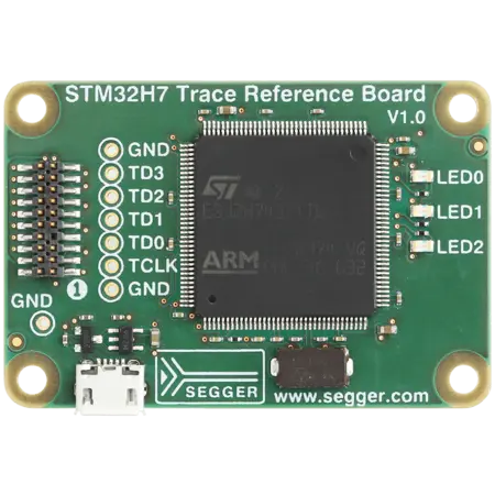 Image of an STM32H7 Trace Reference Board featuring a central microcontroller chip, various labeled pins (GND, TD0-3, TCLK), and three LED indicators. The board has a connector for power and is marked with the SEGGER logo and version information.