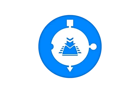 A blue circular icon with a white download symbol in the center, featuring an arrow pointing downwards towards a stylized mountain shape. The background includes lines suggesting movement or direction, enhancing the download imagery.