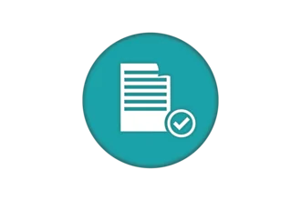 Icon depicting a document with lines representing text, accompanied by a checkmark. The icon is set against a circular teal background, symbolizing completion or verification of a task.