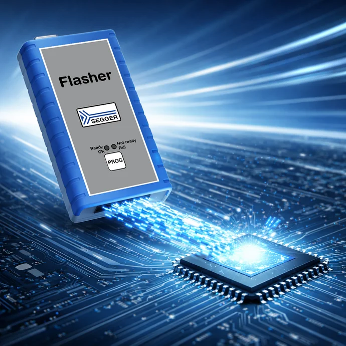 A SEGGER Flasher device is shown in the center, featuring a silver and blue casing with labels for "Ready," "Not ready," and "Fail." The background has a colorful tech-themed design with swirling patterns and digital elements, and there’s a blue rocket icon in the bottom right corner.