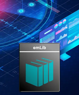 An abstract digital background features graphs and data visualizations on a screen. In the foreground, the emLib logo displays three stylized books, symbolizing a digital library or educational resource.