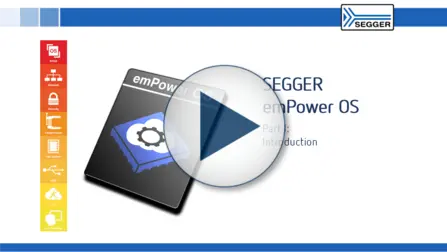 A graphic titled "SEGGER emPower OS" features an icon representing the software alongside a play button, indicating a video introduction. The left side includes labels related to functionalities such as RTOS, Network, Security, and more, highlighting the features of the emPower OS.